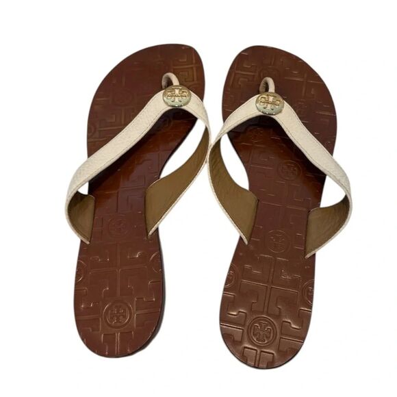 Tori Burch Women's Thora Leather Sandals Flat Thongs White Gold Logo Size 10 - Picture 4 of 6